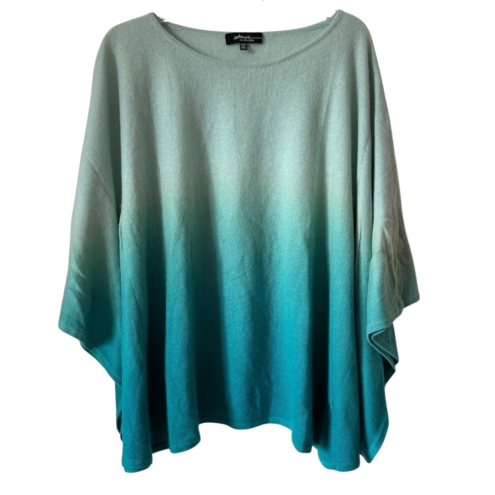 Saks Fifth Avenue 100% Cashmere Ombre Poncho Caftan Top L/XL Teal Green